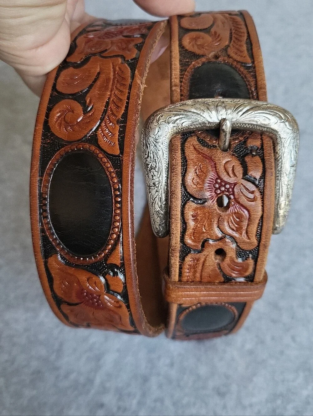 Vintage Looper Western Belt Mens 38 Brown Leather Embossed Tooled Handmade USA